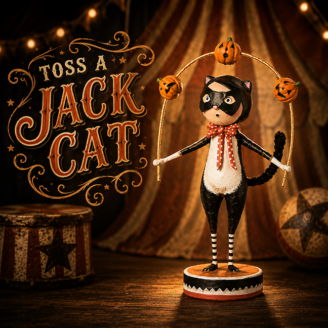 Toss a Jack Cat Halloween Figurine by Lori Mitchell — 7-Inch Folk Art Poly Resin Collectible