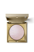 Highlighter compact with open lid, round lilac shimmer pan in gold case