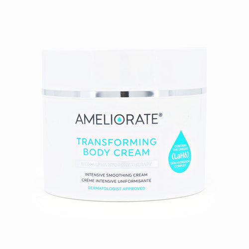 AMELIORATE transforming body cream jar, white label with teal text