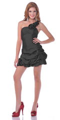 Black one-shoulder cocktail dress with rosette accent and ruffled layer skirt