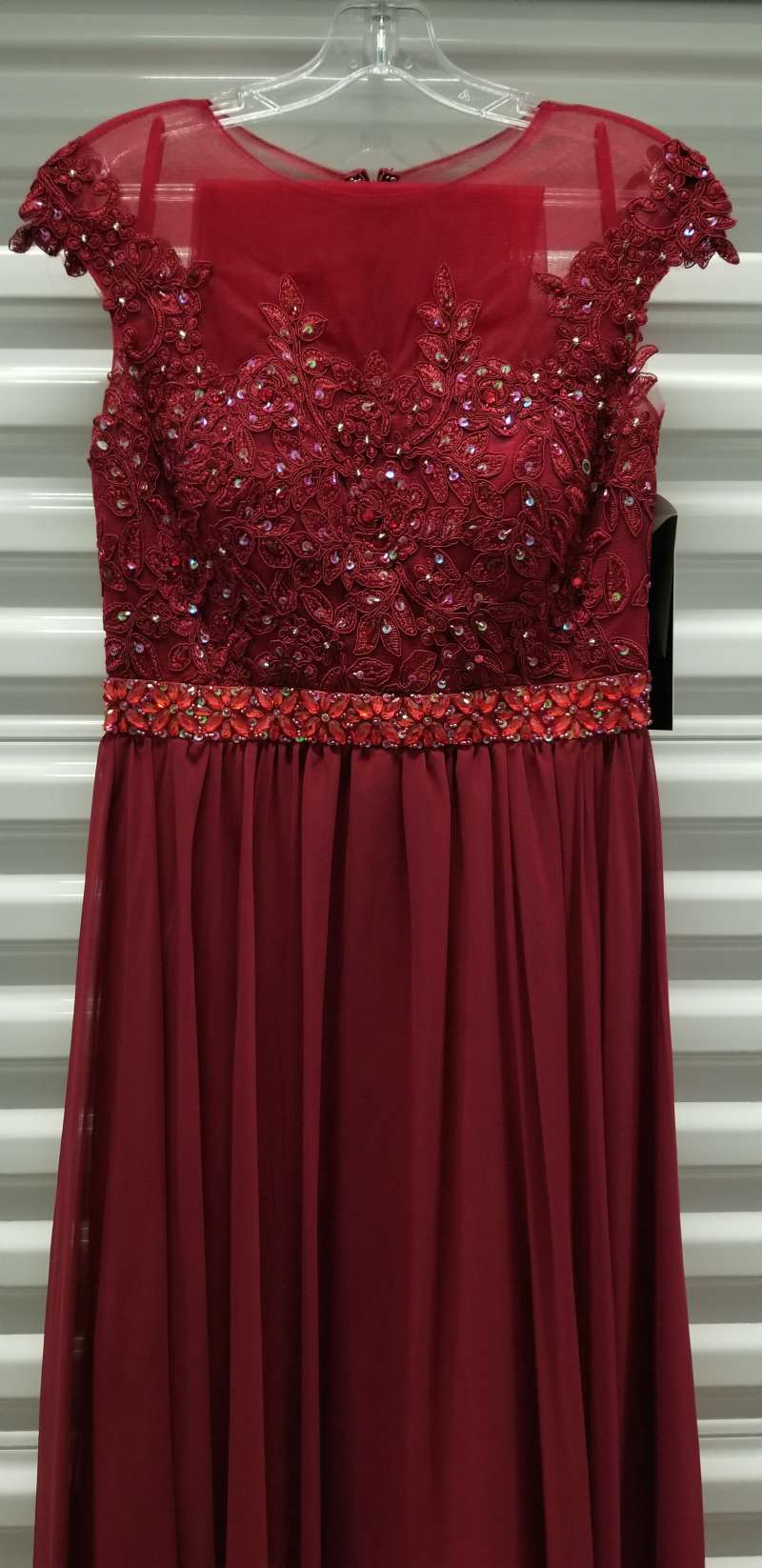 Burgundy long dress with beaded lace bodice and embroidered waist band