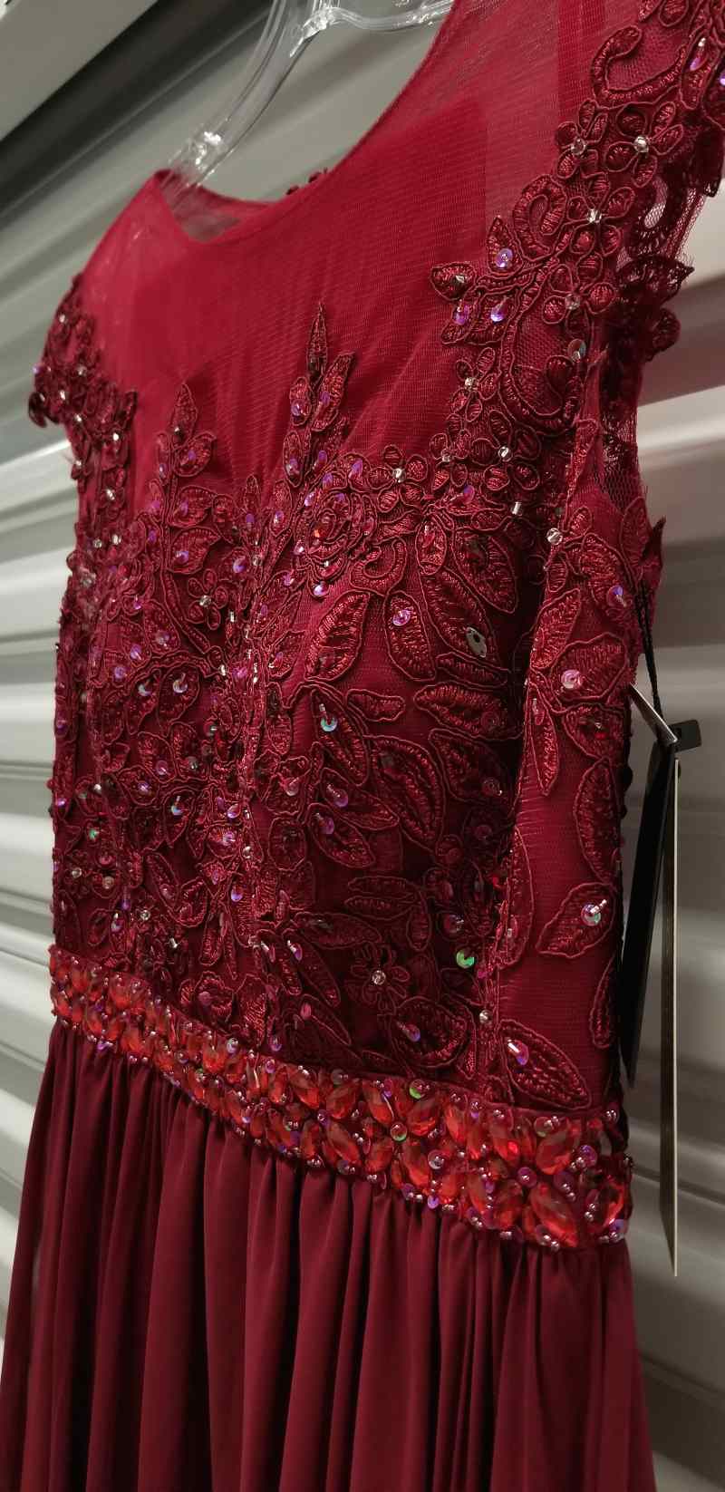 Burgundy embroidered lace long dress with cap sleeves and gathered skirt