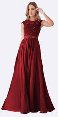 Burgundy long dress with lace cap sleeves, jeweled bodice, and full skirt