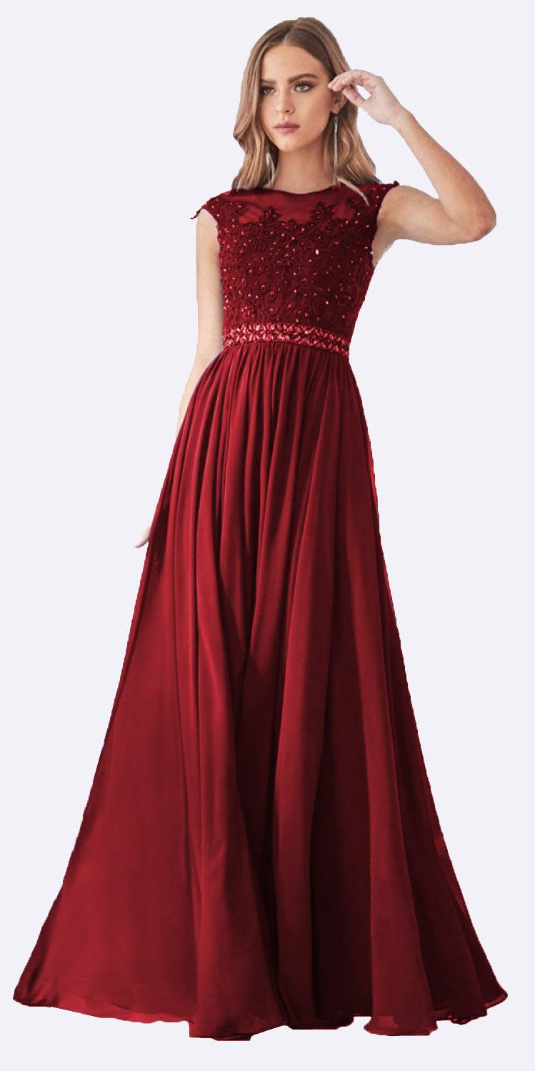 Burgundy long dress with lace cap sleeves, jeweled bodice, and full skirt