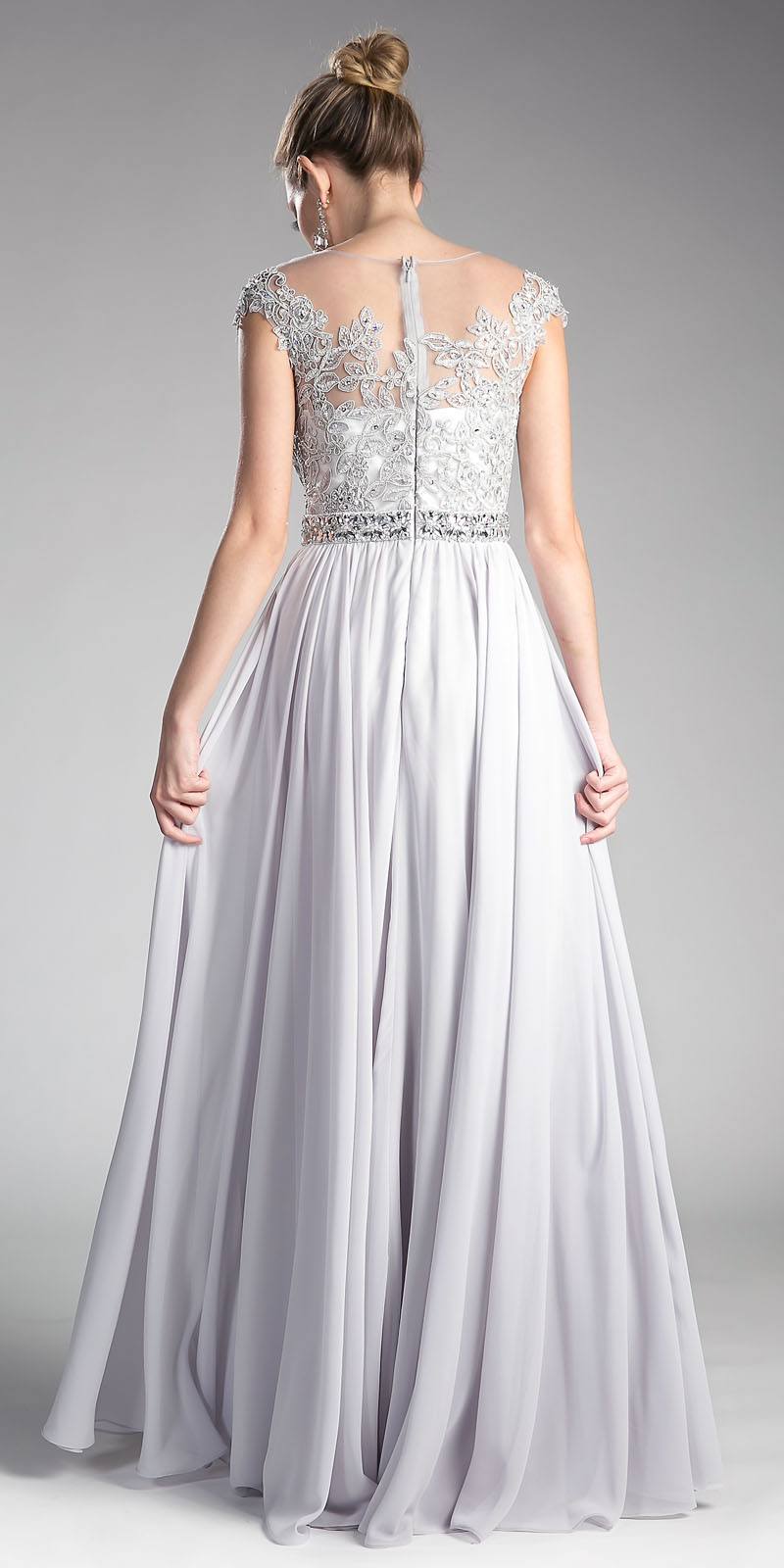 Silver long dress with lace bodice and cap sleeves, flowing A-line skirt