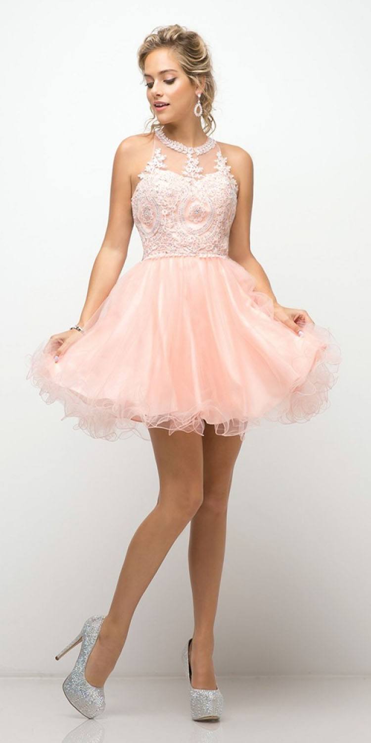 Blush tulle skirt dress with appliqued halter neckline and short flared skirt