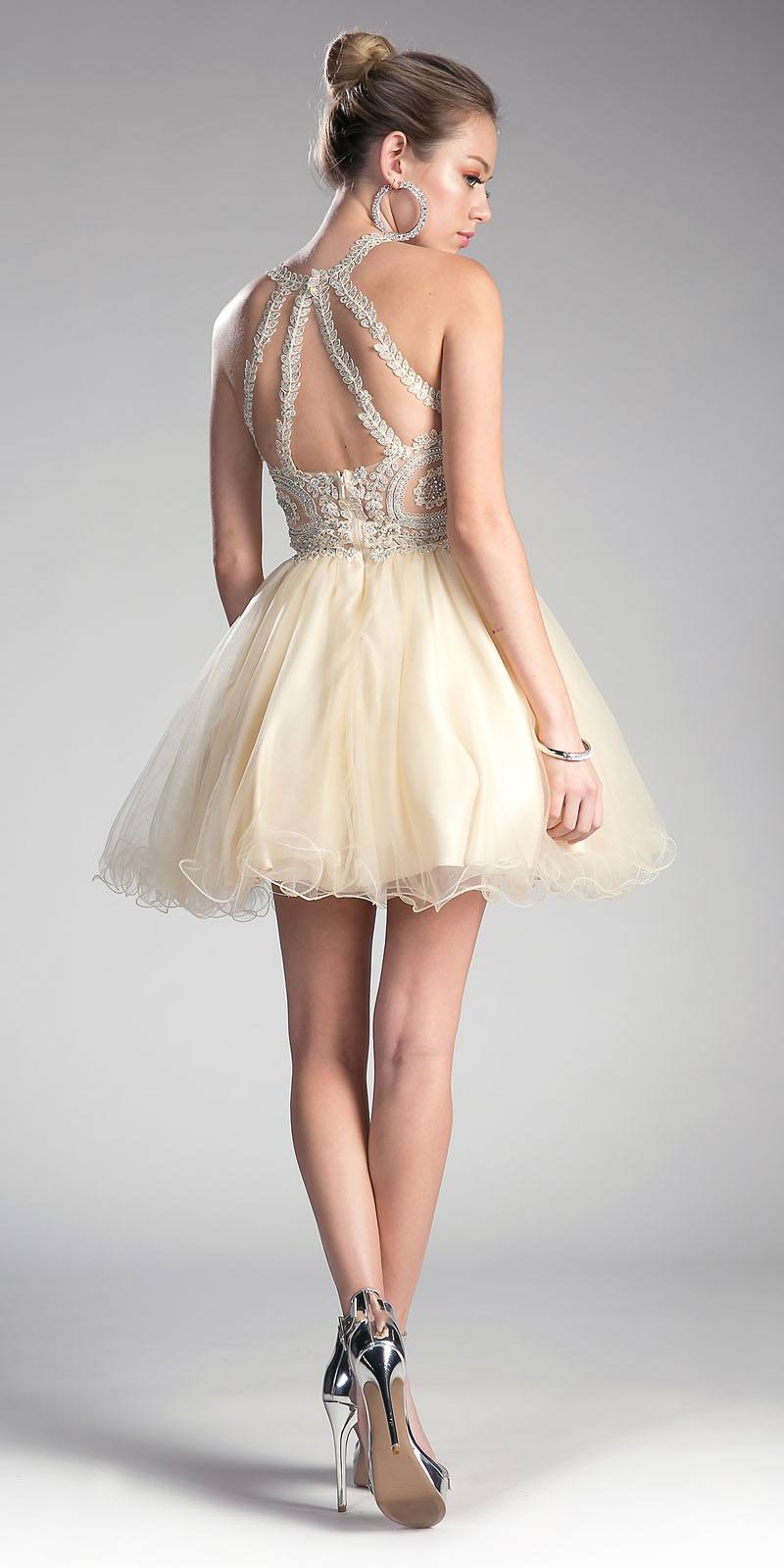 Champagne tulle skirt dress with open-back halter straps and appliqued bodice