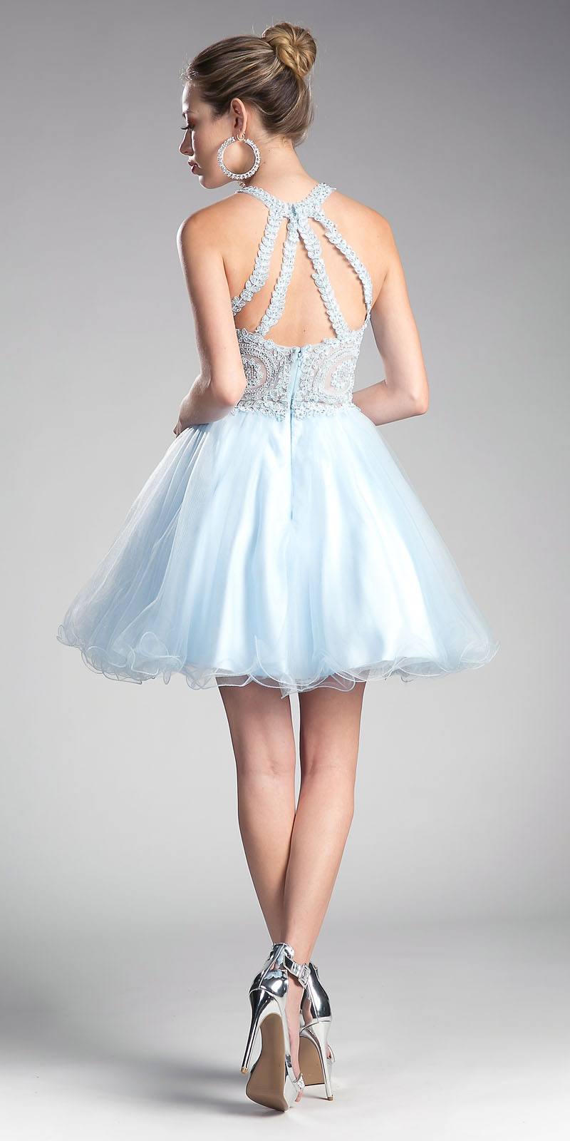 Light blue tulle skirt dress with strappy open back and appliqued halter bodice