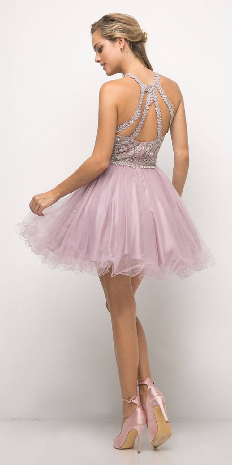 Lavender tulle skirt dress, open-back halter with appliqued bodice and short skirt