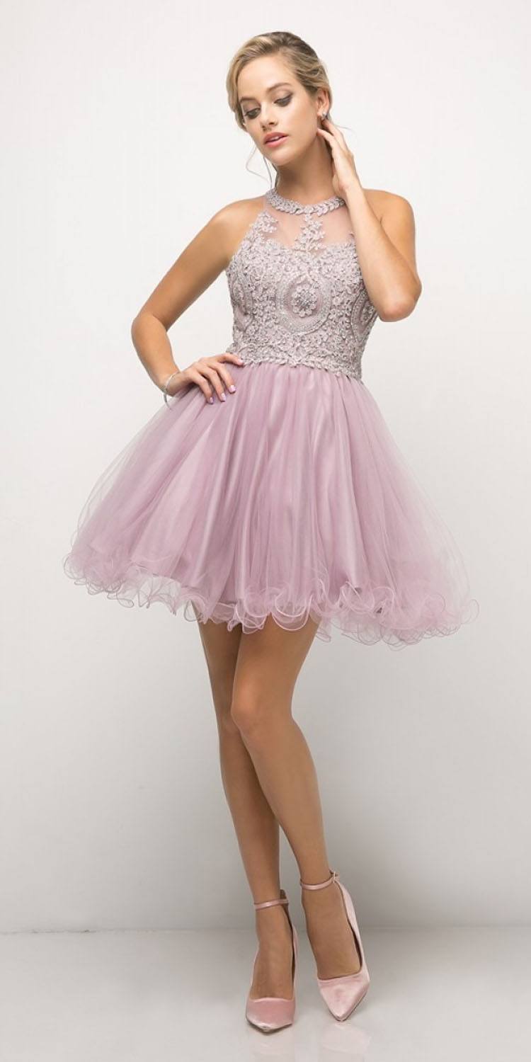 Lavender tulle skirt dress with appliqued halter bodice and short layered skirt