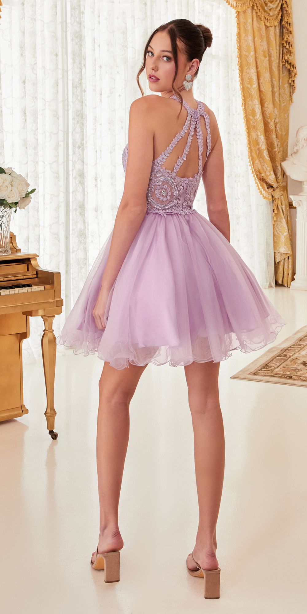 Lavender short halter tulle dress with lace appliqued back and layered skirt