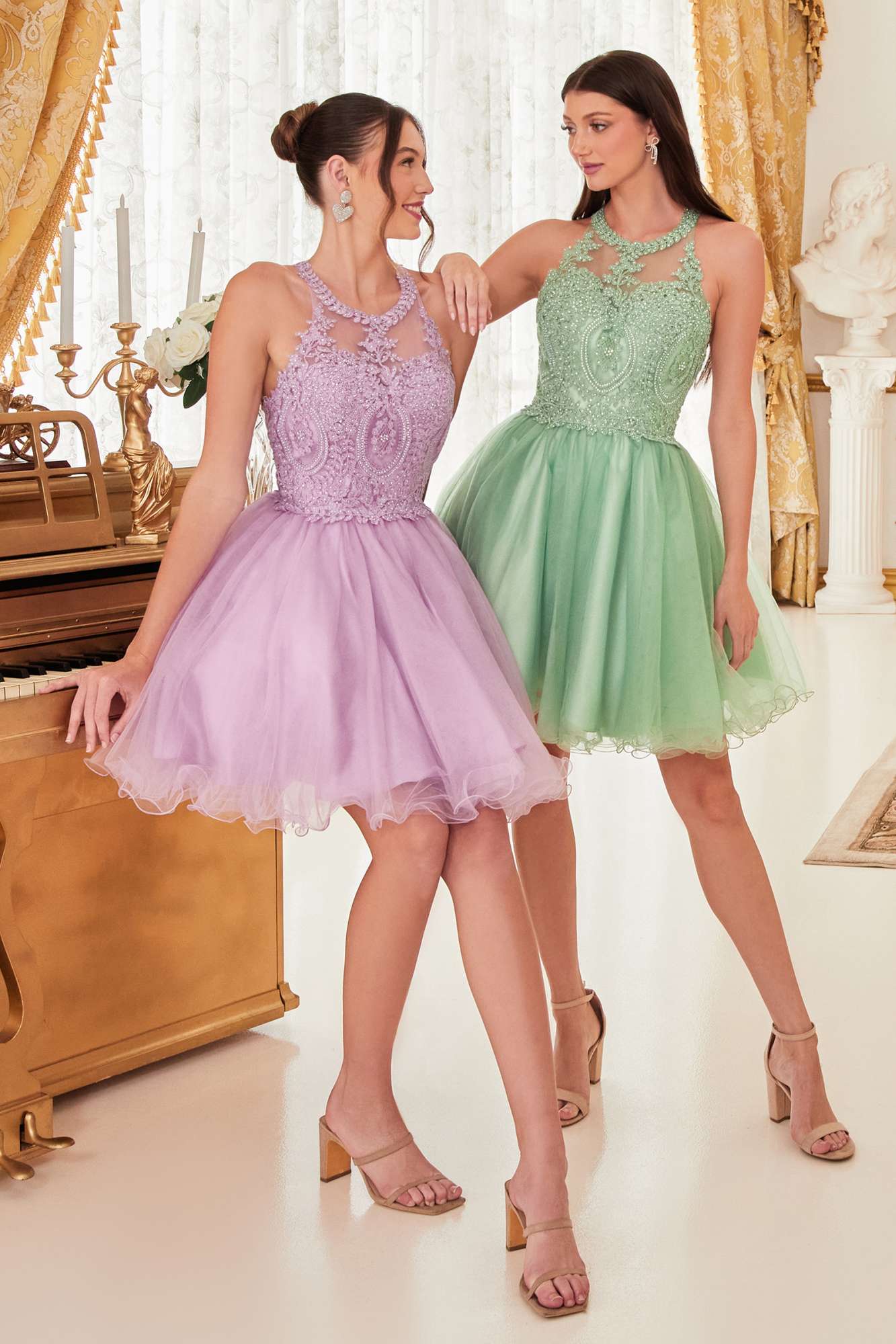 Lavender and green short halter tulle dresses with appliqued lace bodices