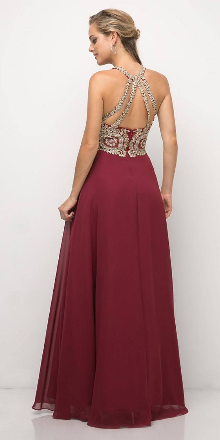 A-line chiffon halter dress with lace applique bodice and open back, burgundy