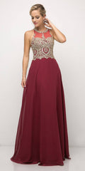 A-line chiffon halter lace applique bodice dress in burgundy with gold details
