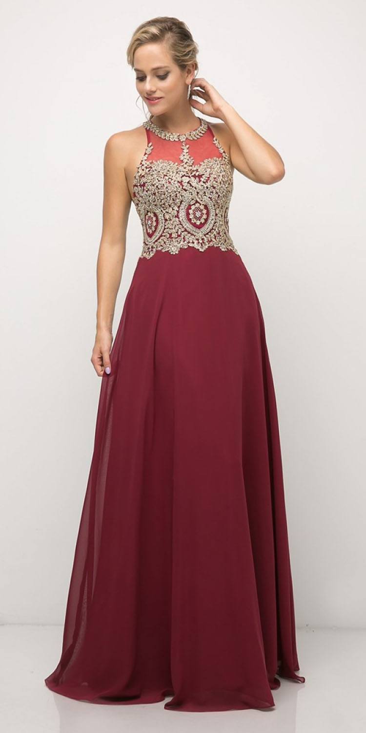 A-line chiffon halter lace applique bodice dress in burgundy with gold details