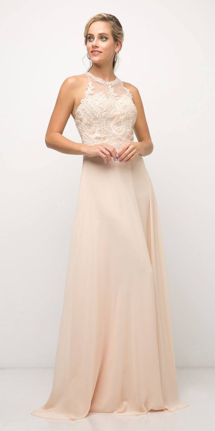 A-line chiffon halter lace applique bodice dress in light beige with sheer skirt
