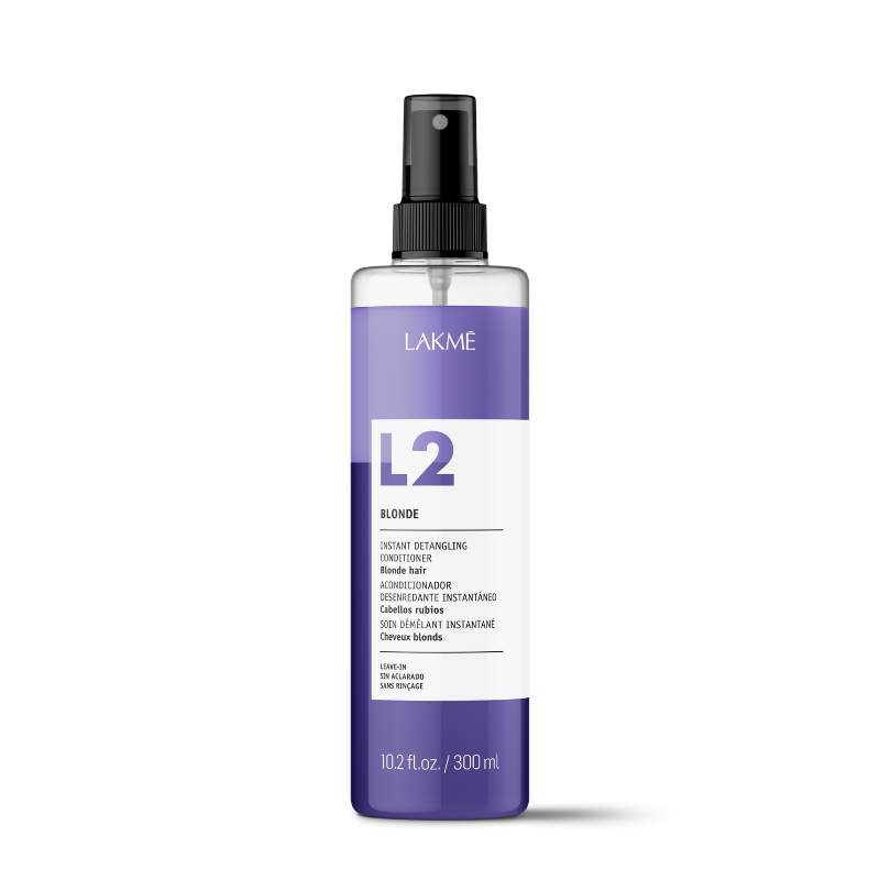 Blonde instant detangling conditioner bottle, clear spray pump, purple L2 label