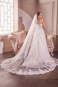 Off-white lace chapel veil with embroidered hem and scalloped floral border