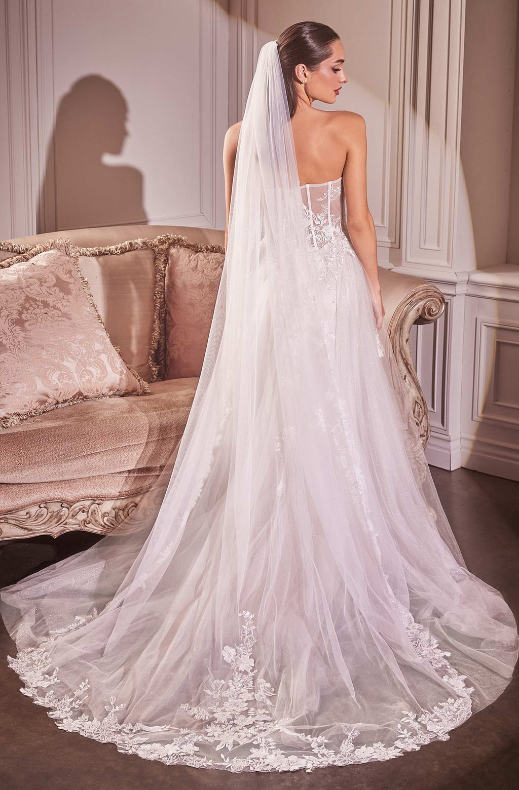 Off-white chapel veil with embroidered floral lace trim