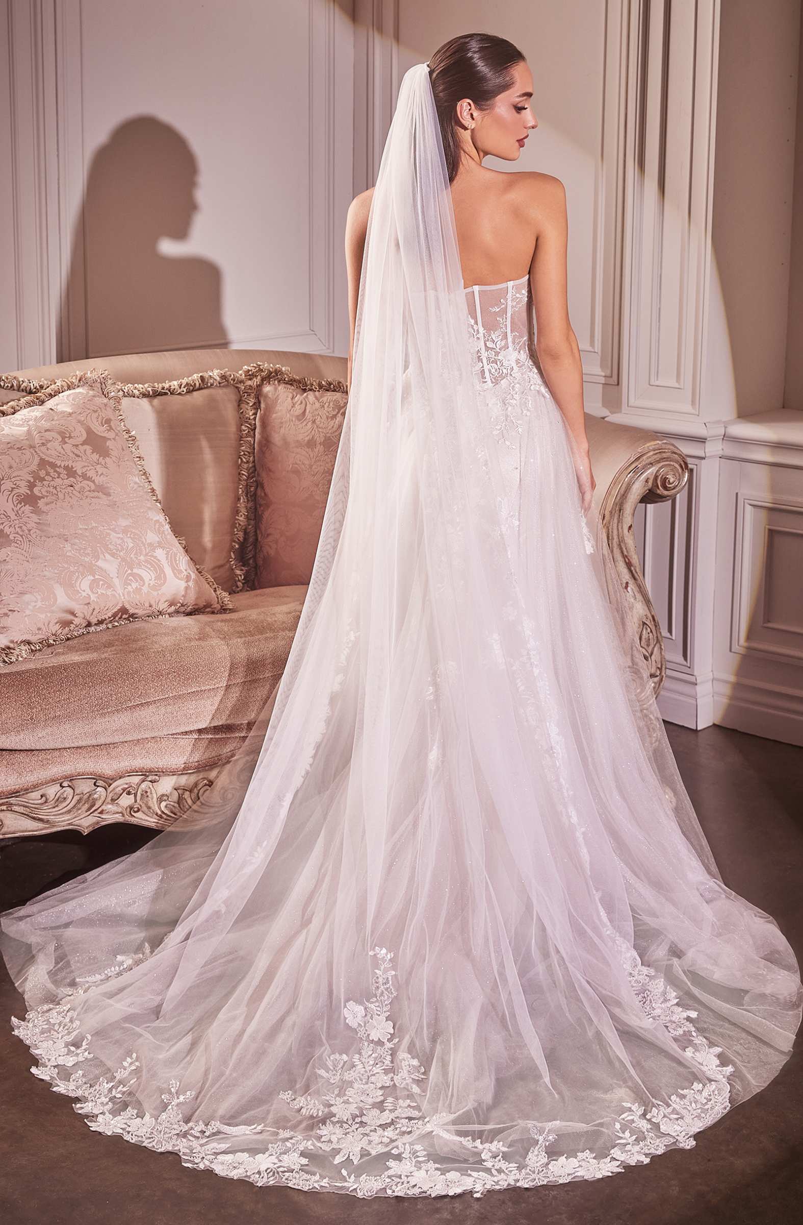 Off-white chapel veil with embroidered floral lace trim