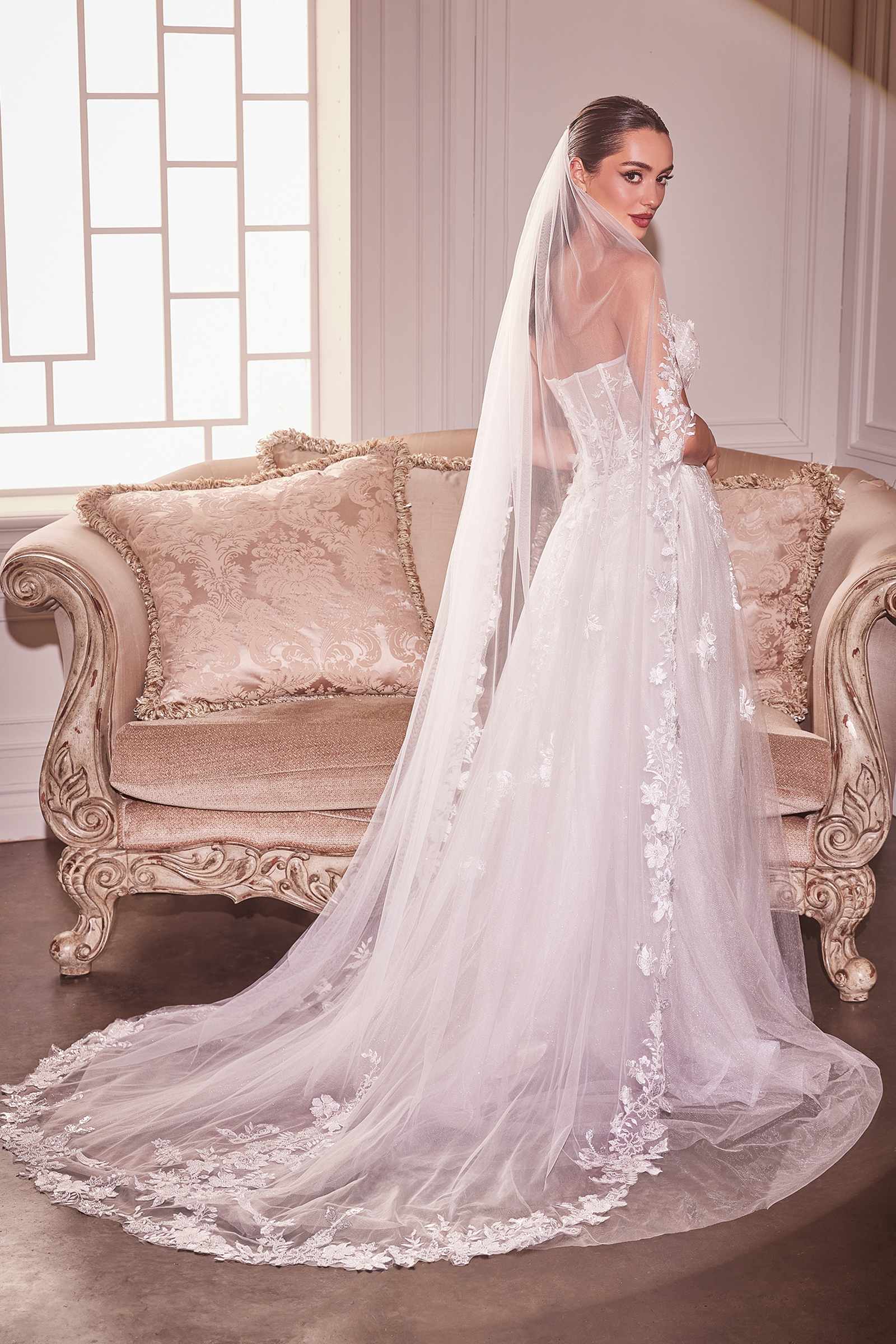 Off-white chapel veil with floral beaded lace edge