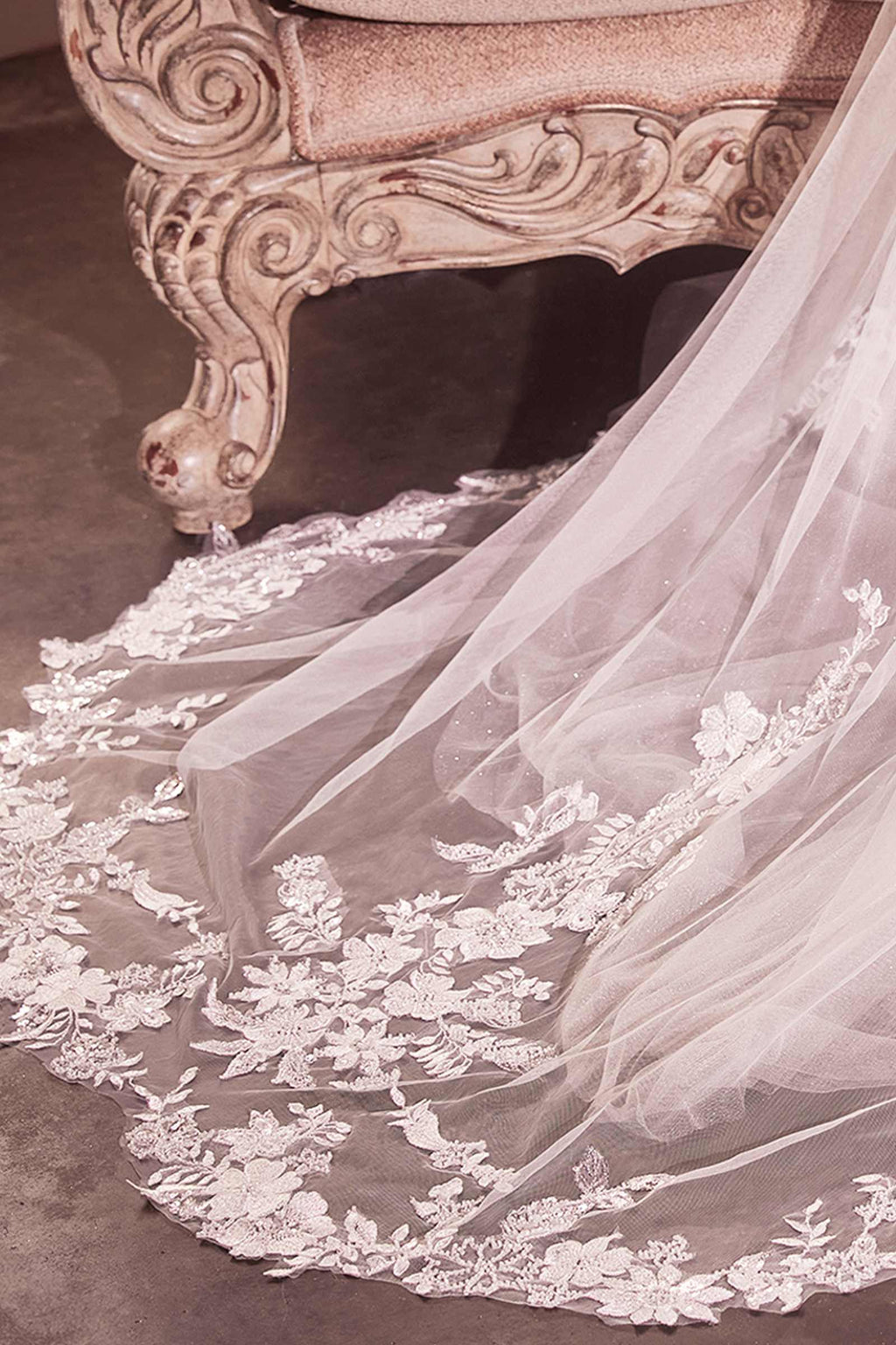 Off-white chapel veil with floral lace appliqué border