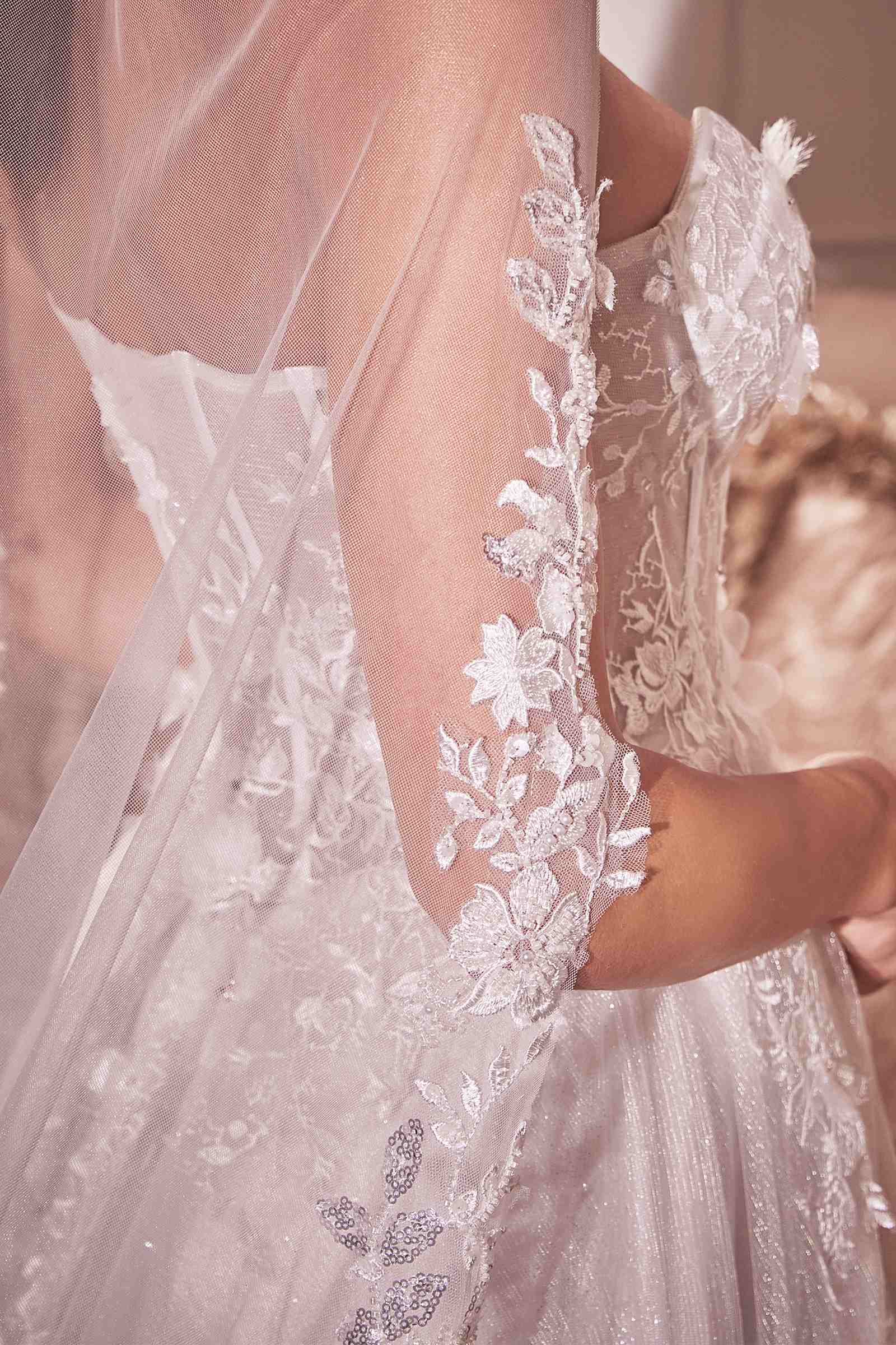 Off-white chapel veil with floral lace appliqué along edge