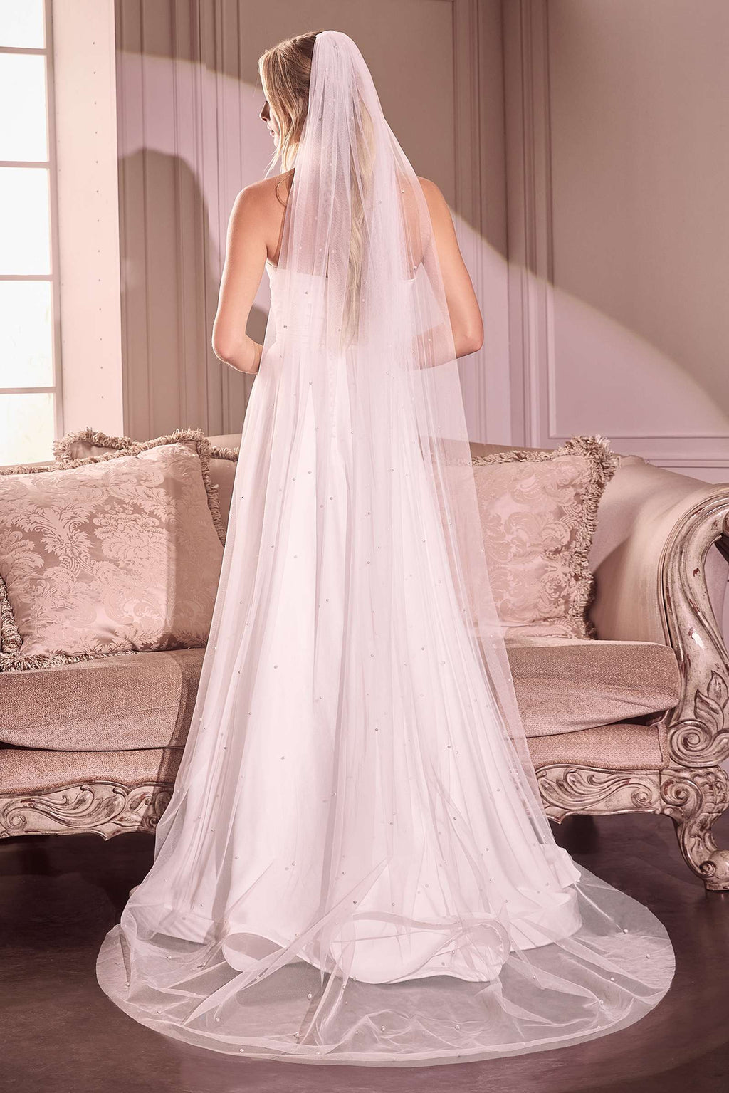 Off-white chapel veil with pearl-like drops, long drape over shoulders