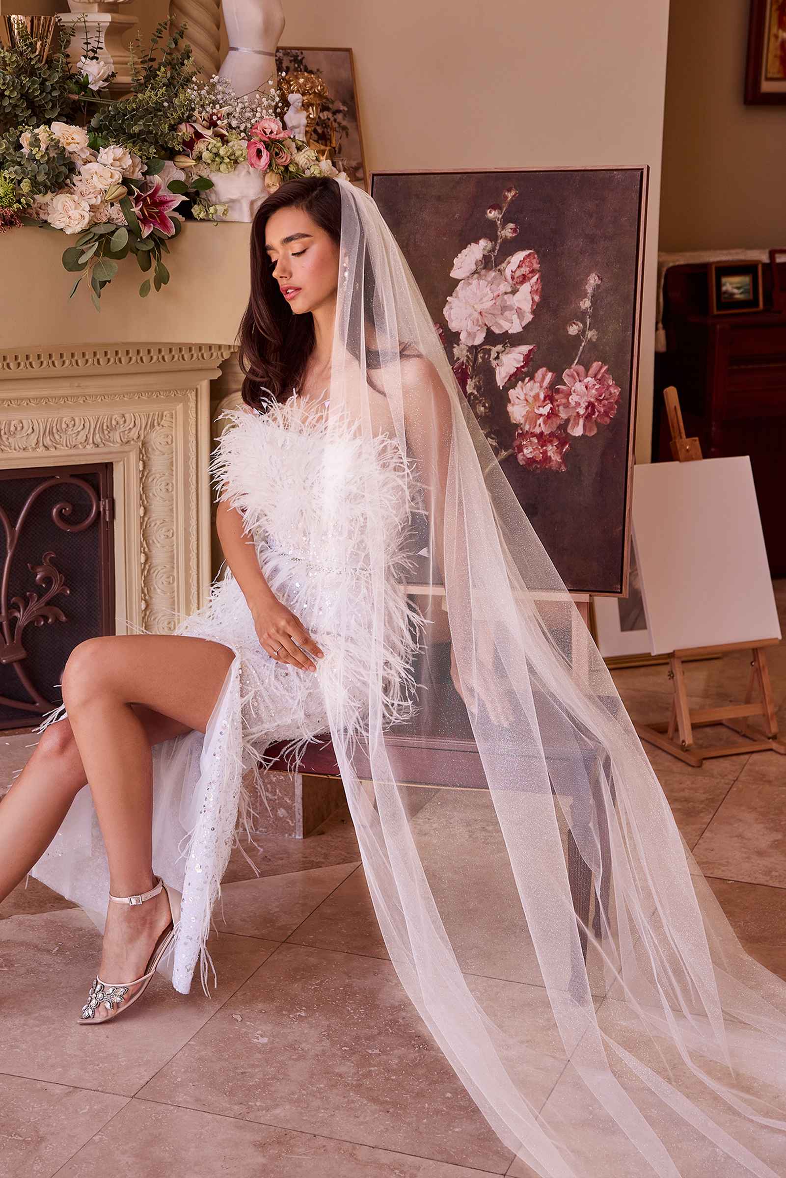 Off-white sheer veil with sparkly texture, cathedral length drape