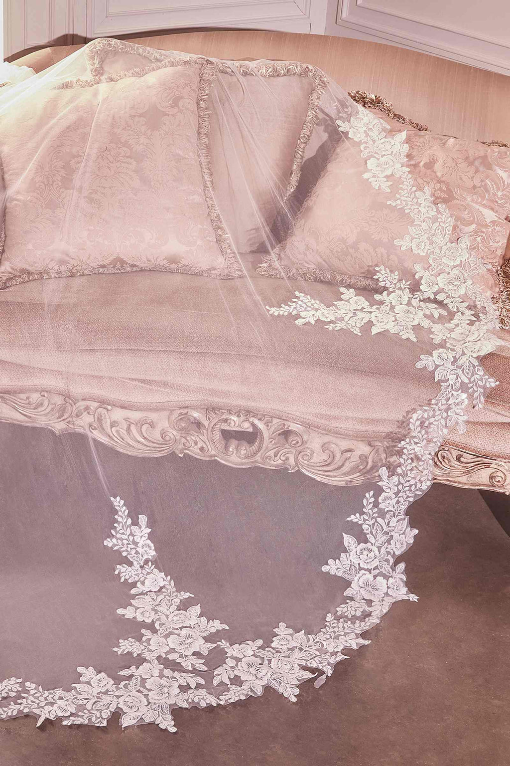 Off-white floral lace royal veil with wide embroidered border