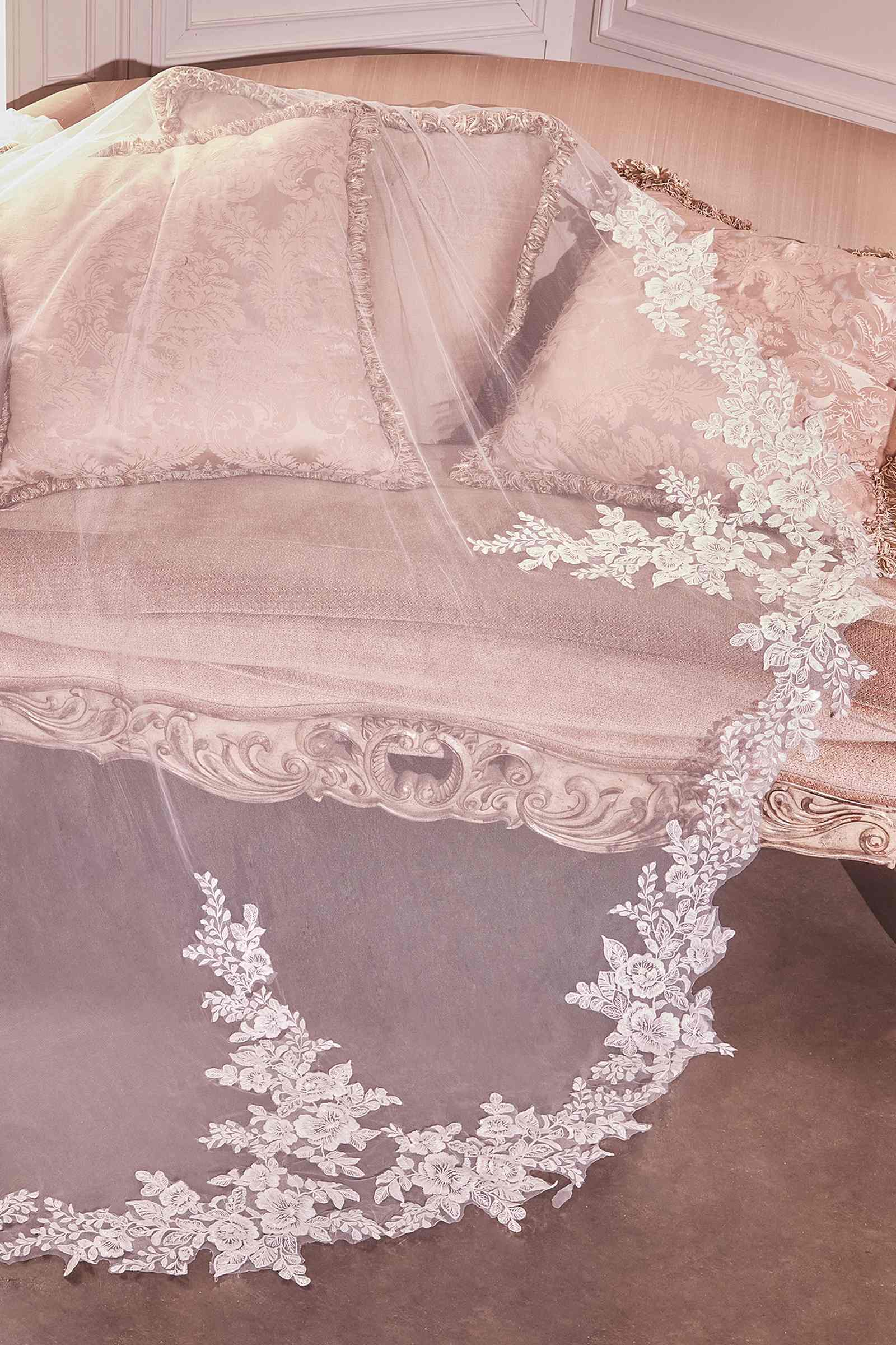 Off-white floral lace royal veil with wide embroidered border