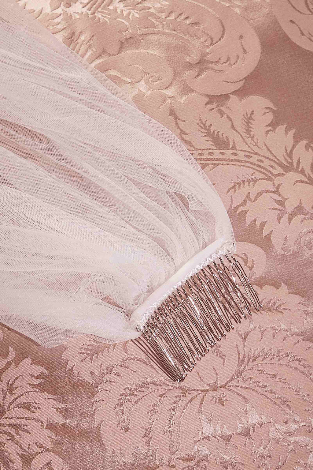 Off-white sheer veil with embroidered floral trim and scalloped edge
