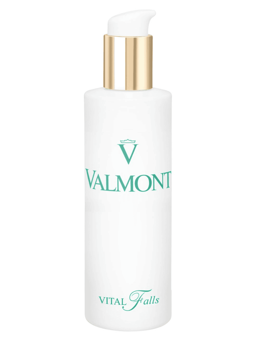 White skincare bottle with gold pump and teal Valmont logo