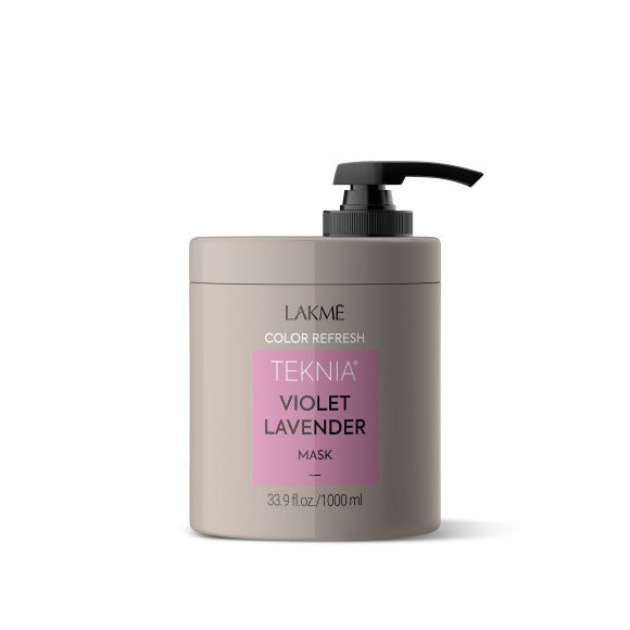 Violet lavender color refresh hair mask in gray Lakme pump bottle