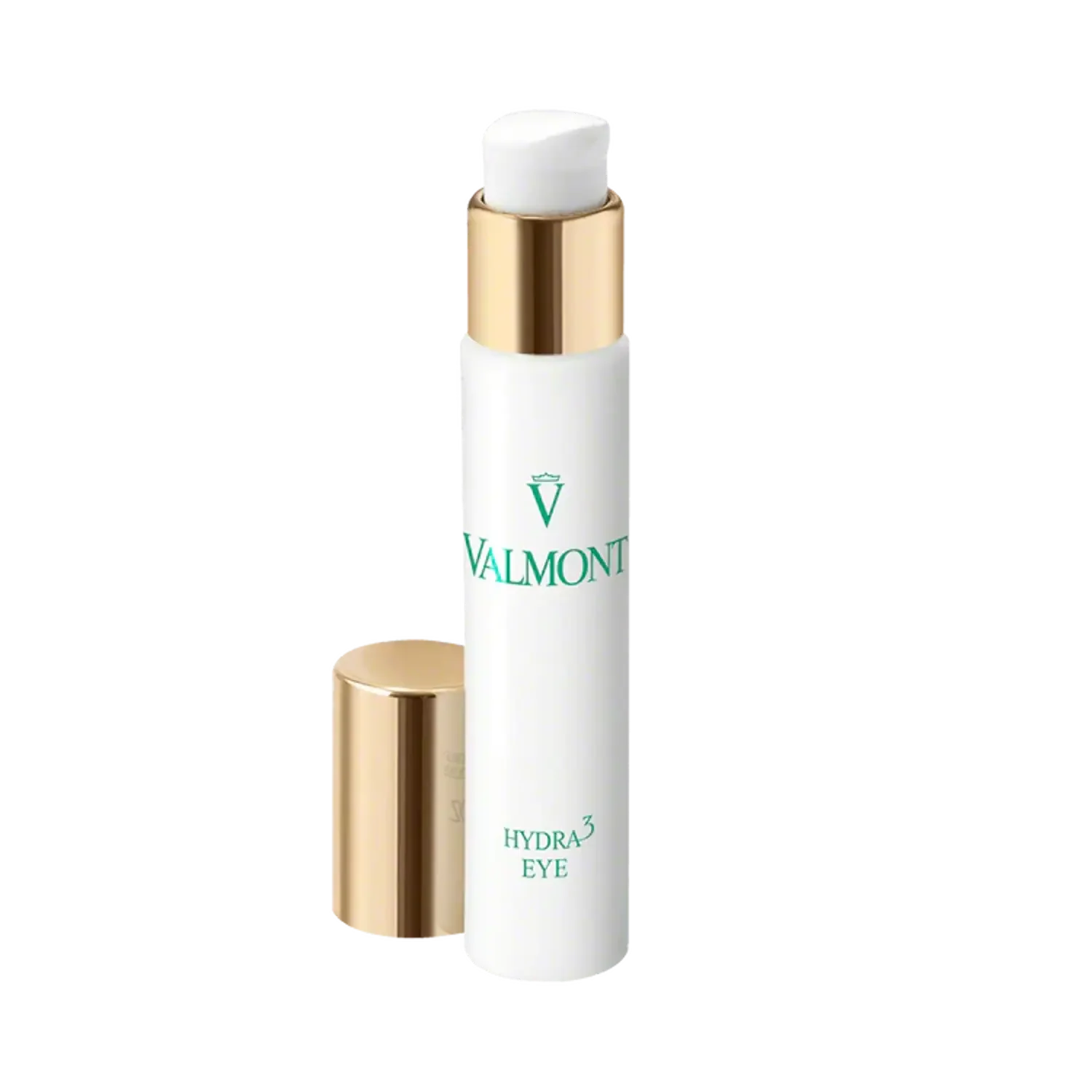 Eye cream bottle with gold cap; includes smaller companion tube, white body