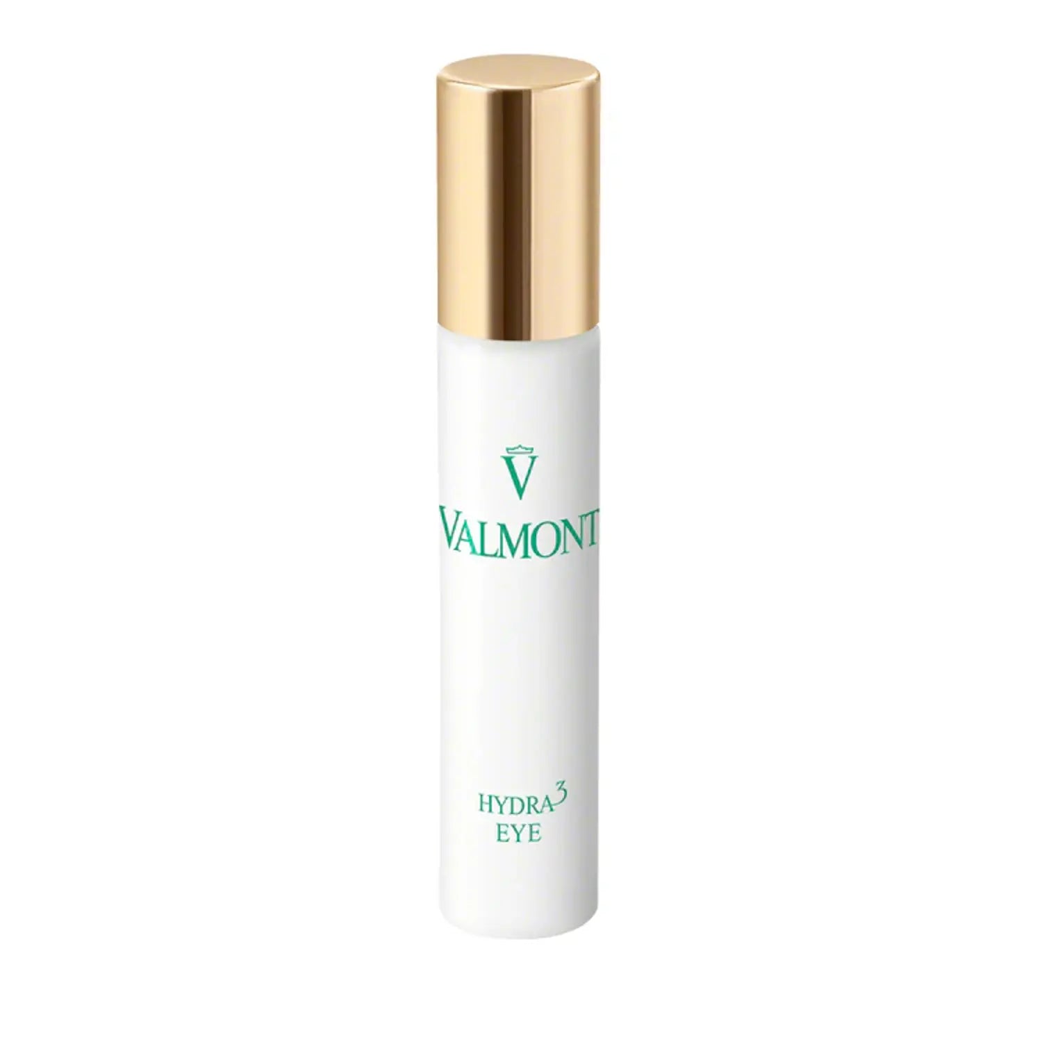 Eye cream bottle with gold cap and white body, Valmont branding