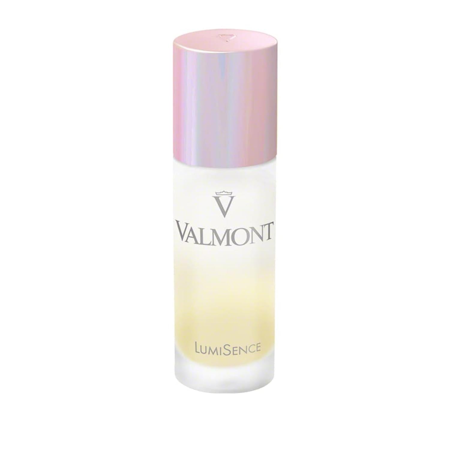 Serum bottle with pink cap and frosted white base, pale luminous gel