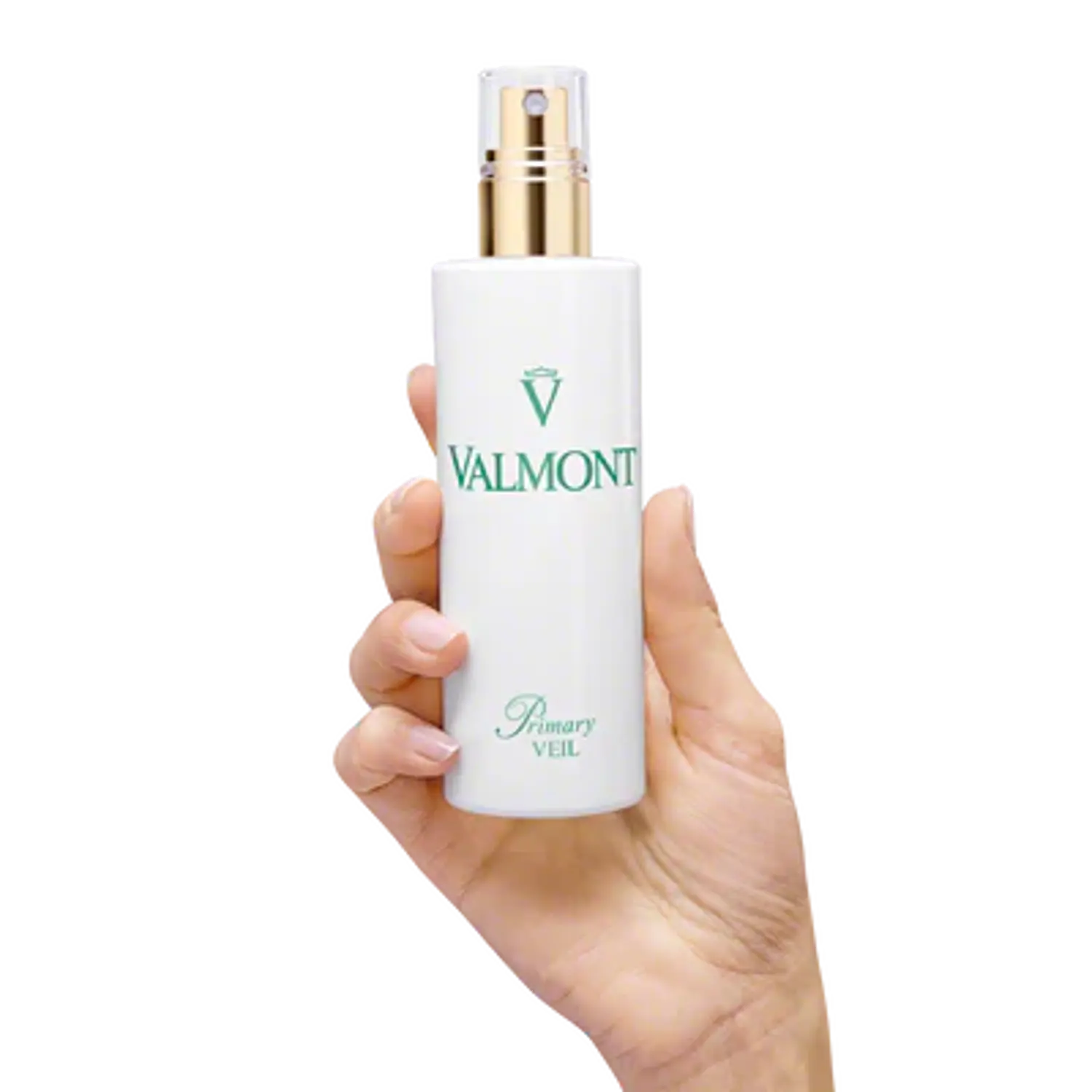 Valmont Primary Veil 150 ml bottle held in hand, gold-toned pump