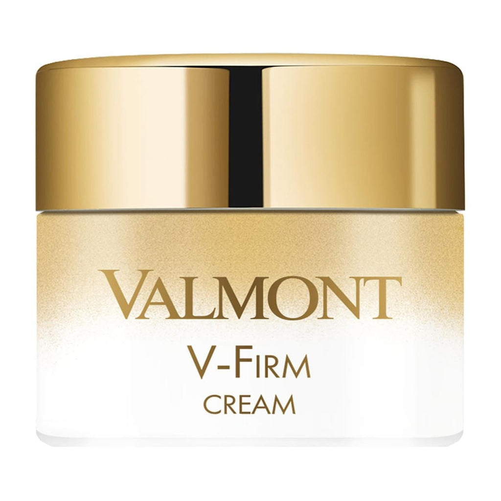 Valmont V-Firm cream jar, white body with gold lid and label text
