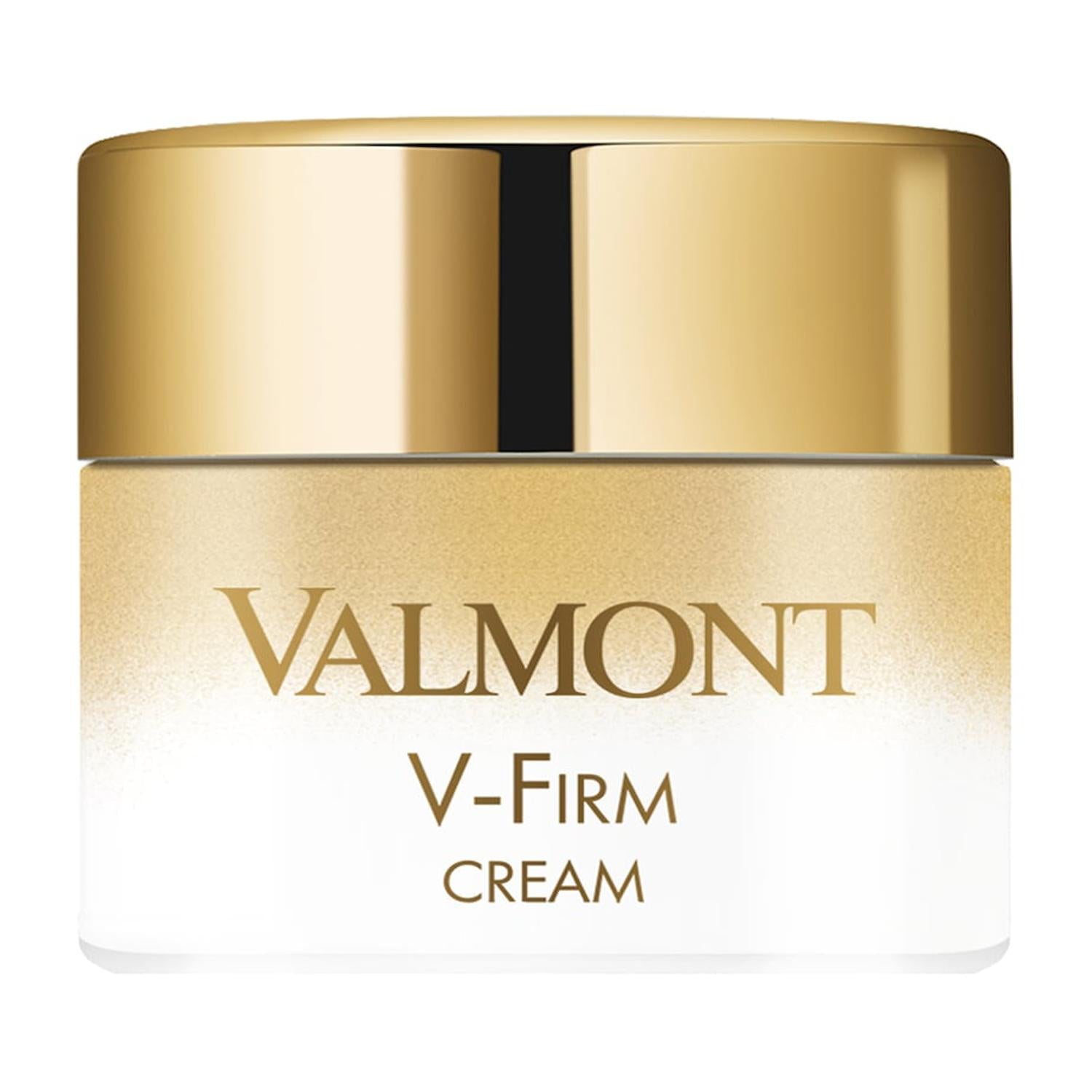Valmont V-Firm cream jar, white body with gold lid and label text