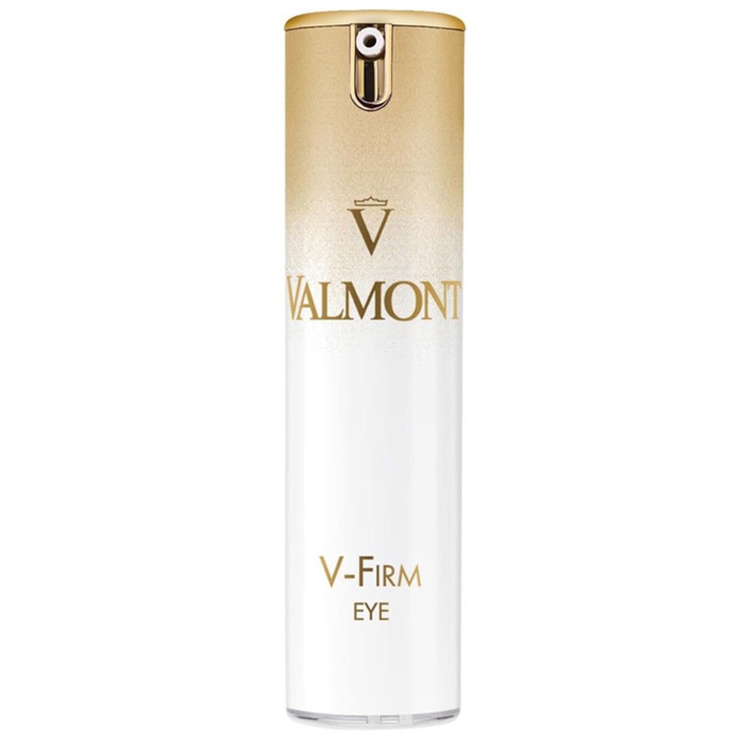 Valmont V-Firm Eye serum bottle with gold cap, clear body, 15 ml
