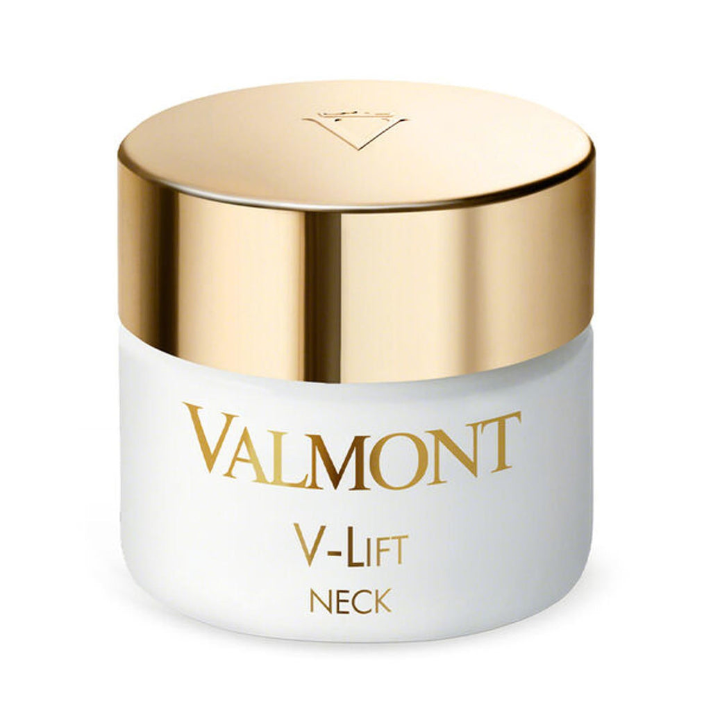 Cream jar with gold lid and white label, VALMONT V-LIFT NECK