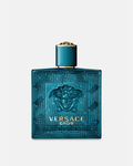 Versace Eros eau de toilette bottle, blue glass with gold cap and Greek key pattern