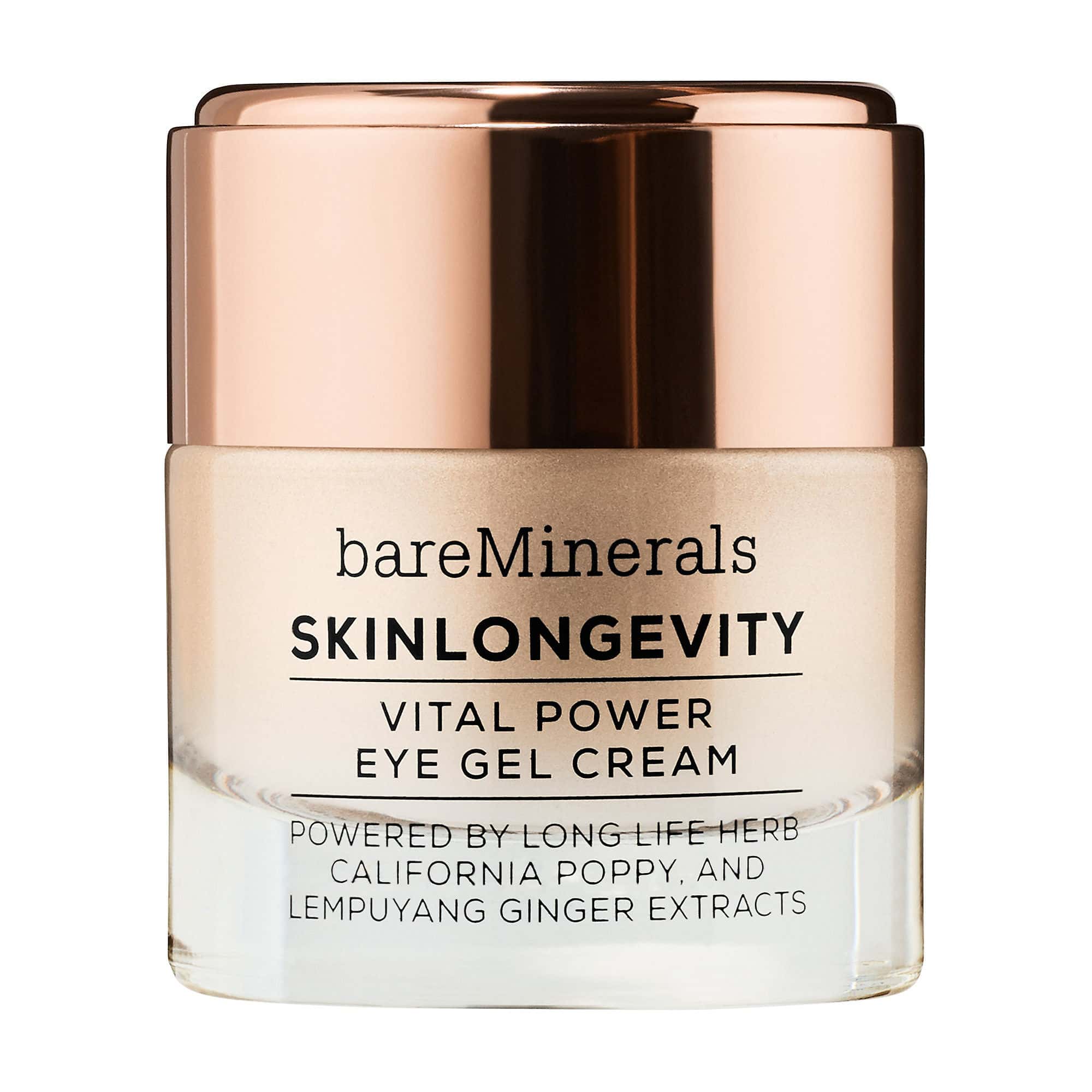 bareMinerals SKINLONGEVITY Vital Power Eye Gel Cream jar, cream-colored container and cap.