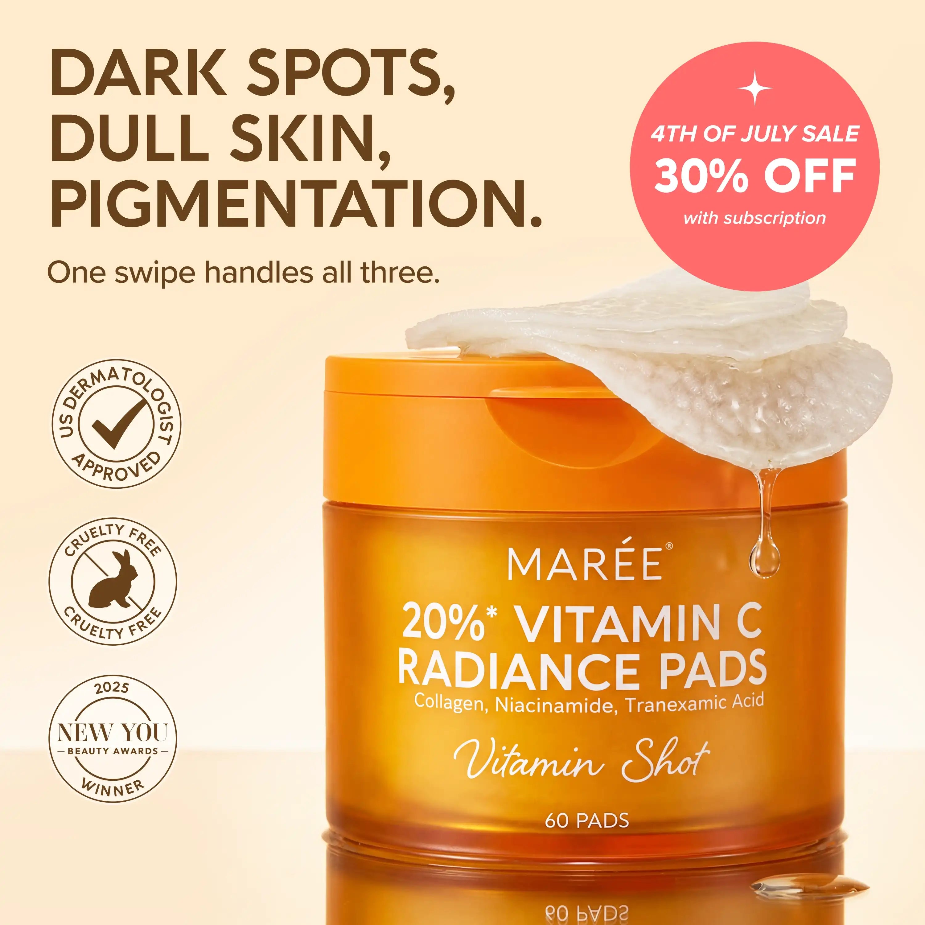 Vitamin C radiance pads container with lifting pad and drop, MARÉE 60 pads