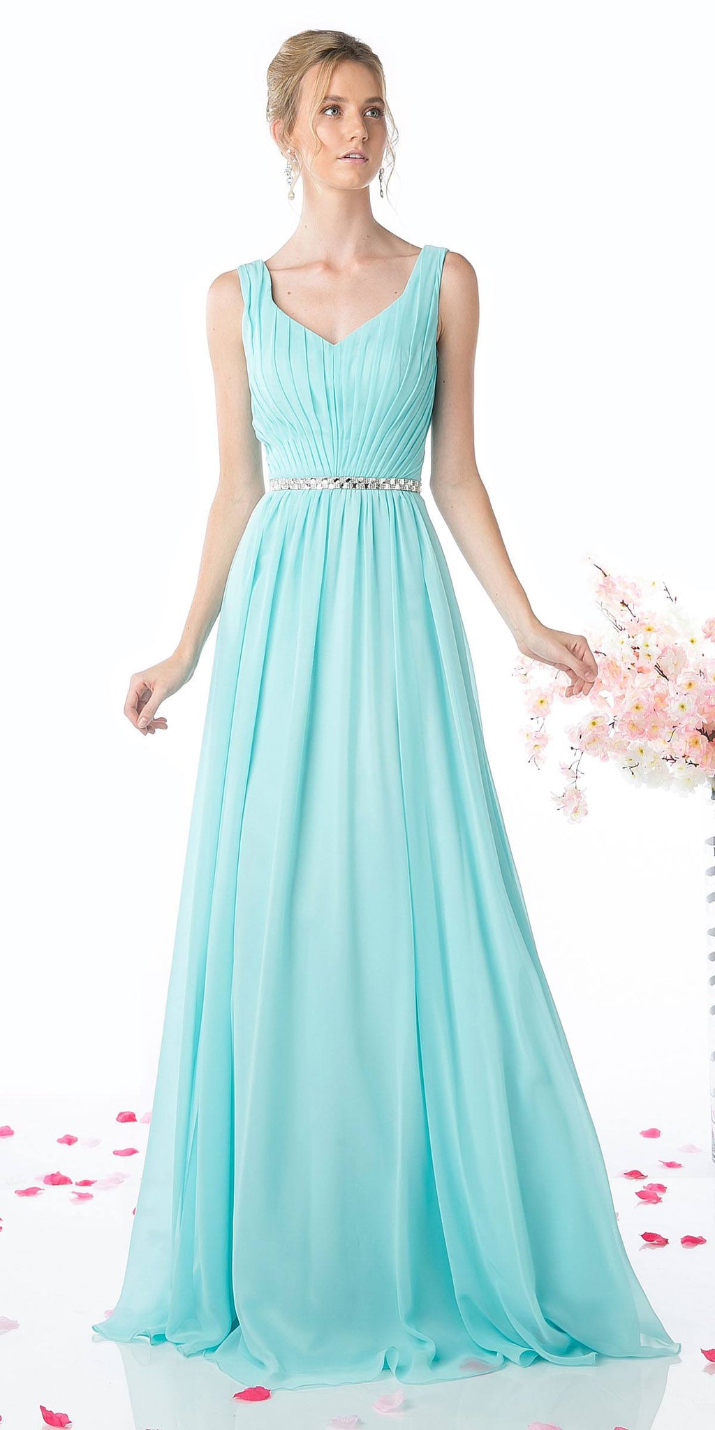 Aqua sleeveless long gown with V-neck, pleated skirt, and rhinestone waist belt
