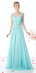 Aqua sleeveless long gown with V-neck, pleated skirt, and rhinestone waist belt