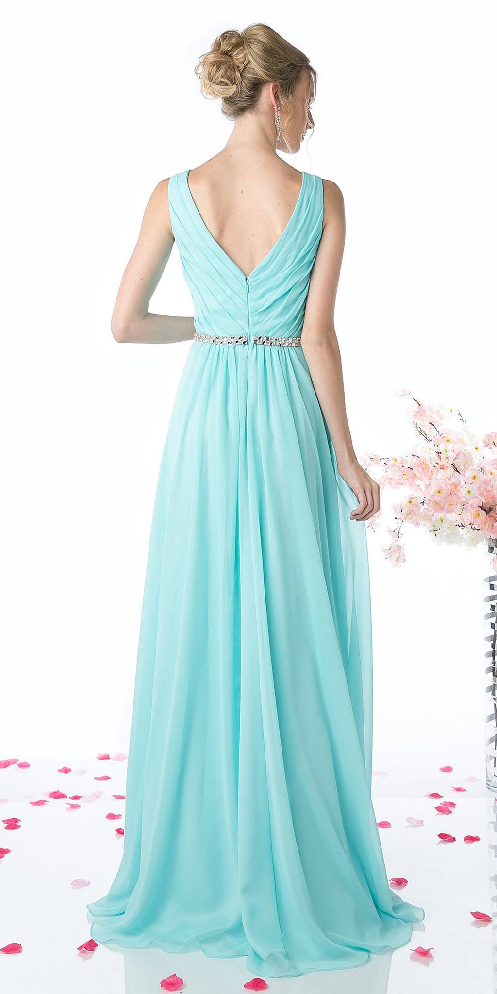 Aqua sleeveless long gown with V-back, pleated skirt, and rhinestone waist belt