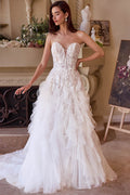 Strapless off-white cascading wedding dress with corset bodice and drop waist, lace detailing