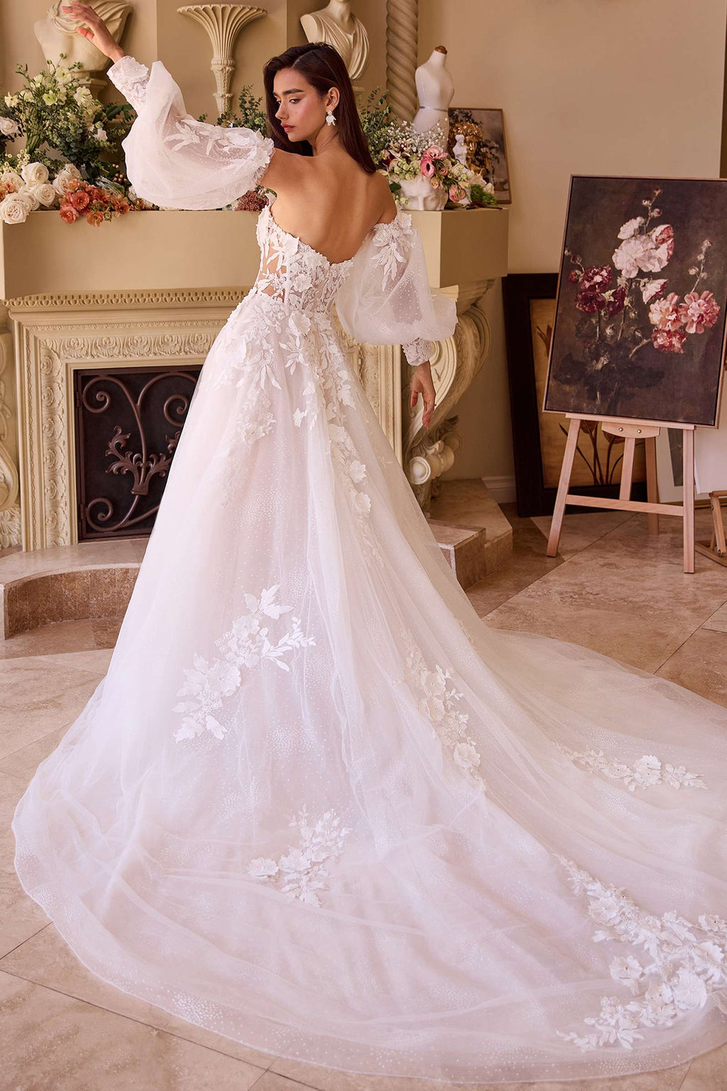 Off-white lace A-line wedding ball gown with off-shoulder puff sleeves and lace appliques